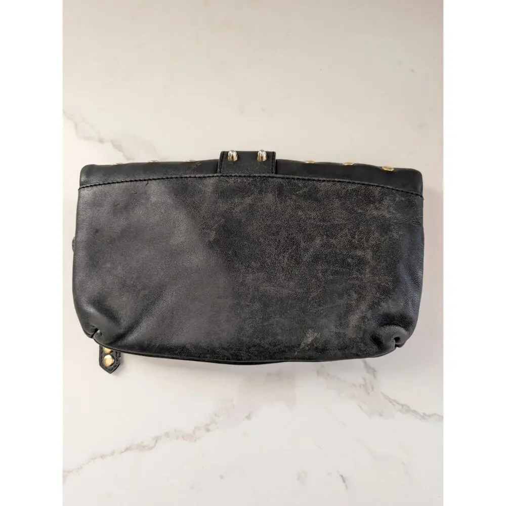 Besso Black Leather Clutch Gold Studded Buckle Fold Over Bag 10.5x6 Grunge...